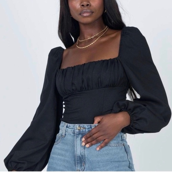 Princess Polly Tops - Princess Polly Laura Bodysuit Black Puff Long Sleeve Square Neck